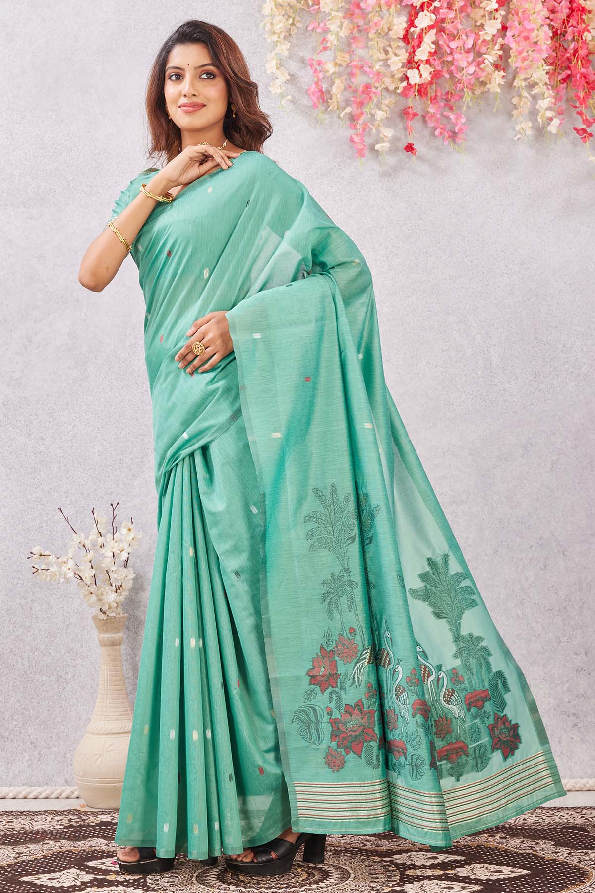 Sea Green Linen Cotton Saree