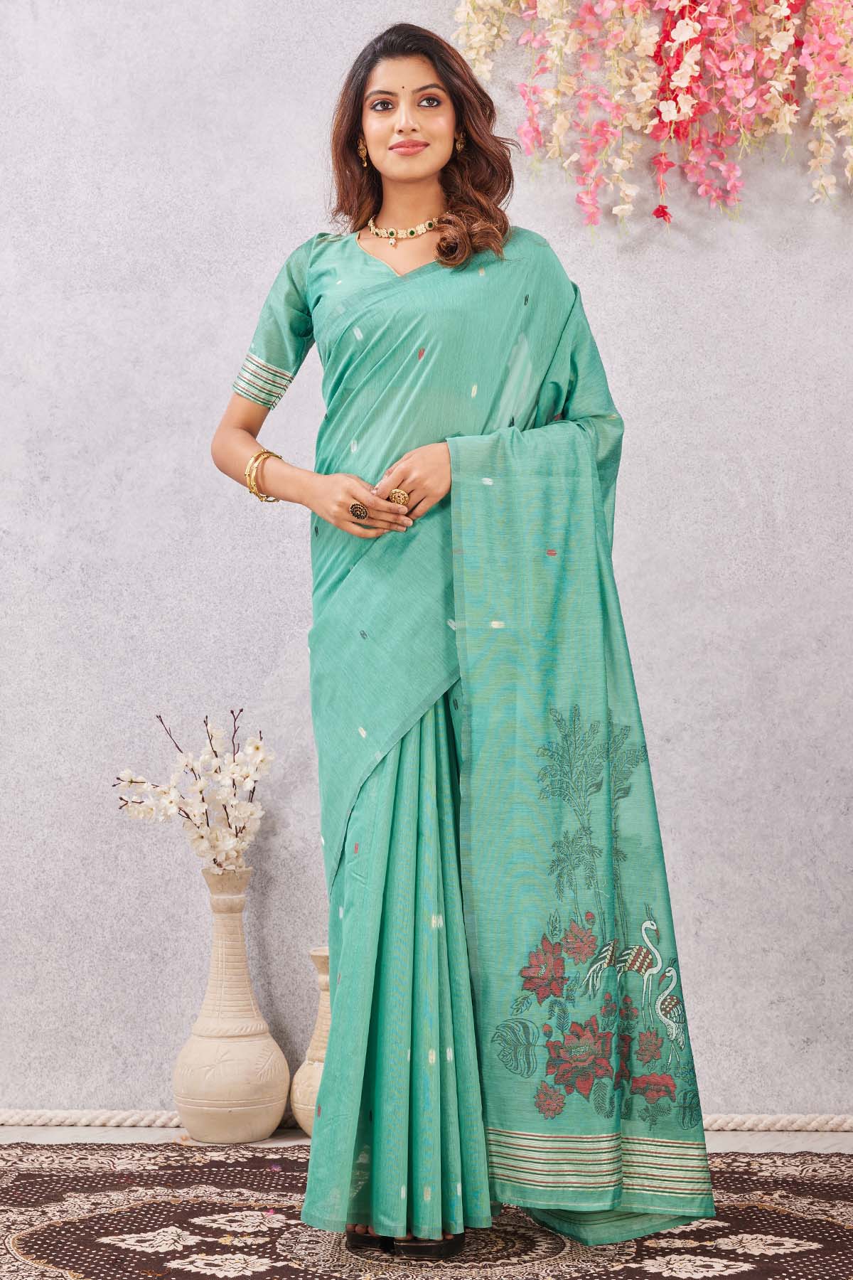 Buy Sea Green Linen Cotton Saree for women by Aastha Fashion online available at scrollnshops