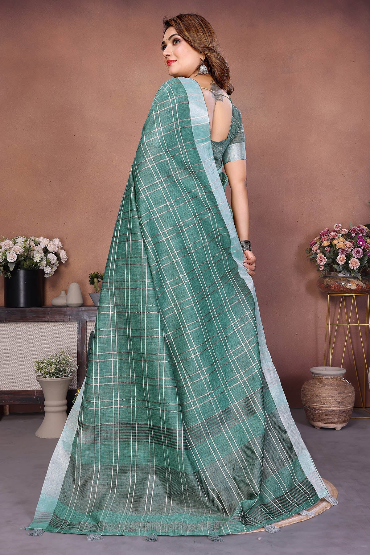Sea Green Linen Weaving Saree