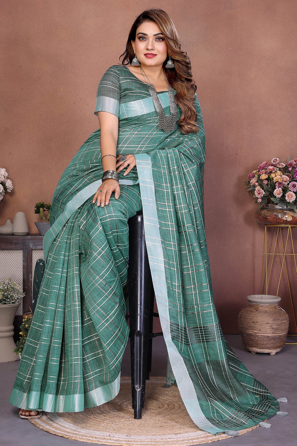 Sea Green Linen Weaving Saree
