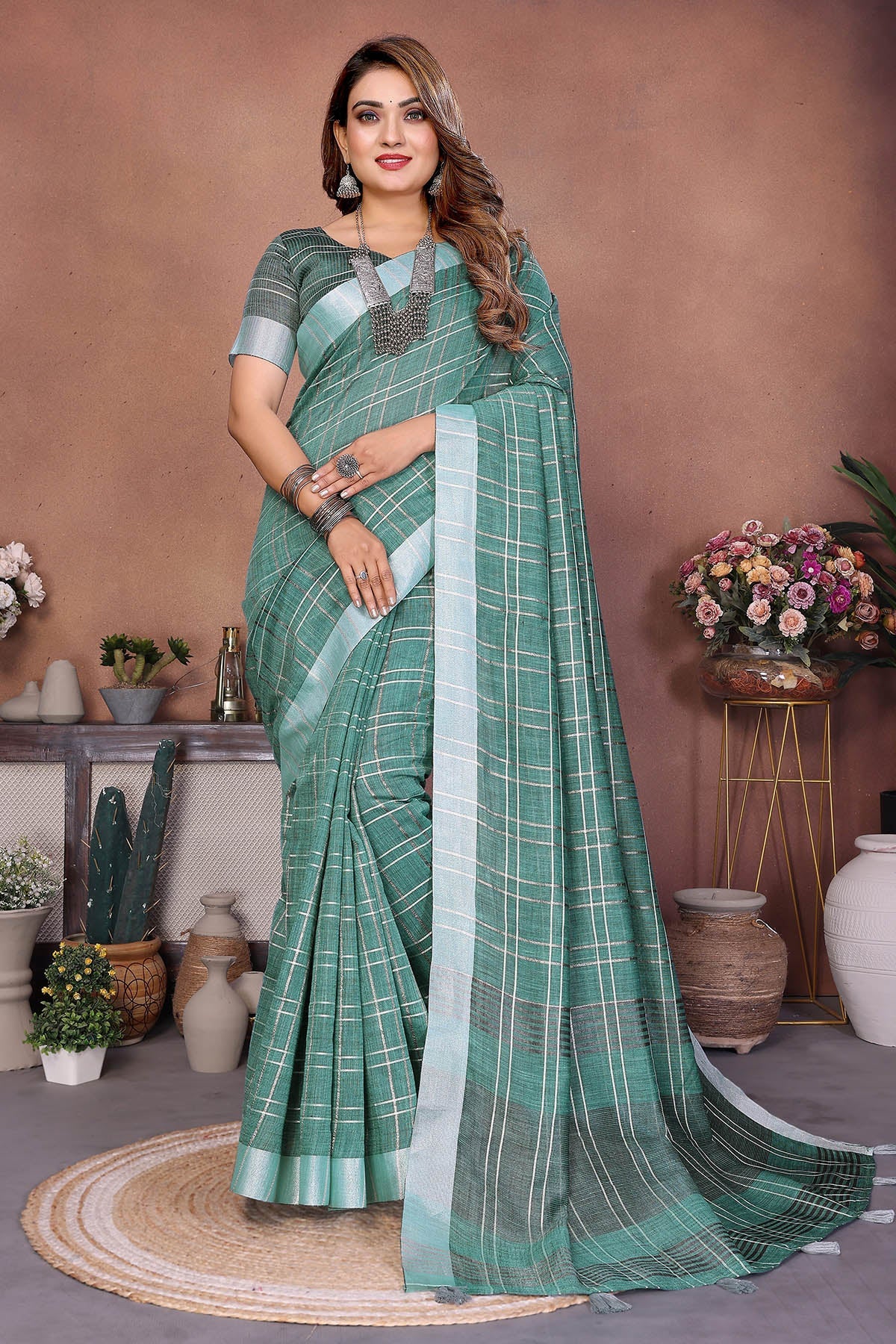 Buy Sea Green Linen Weaving Saree for women by Aastha Fashion online available at scrollnshops