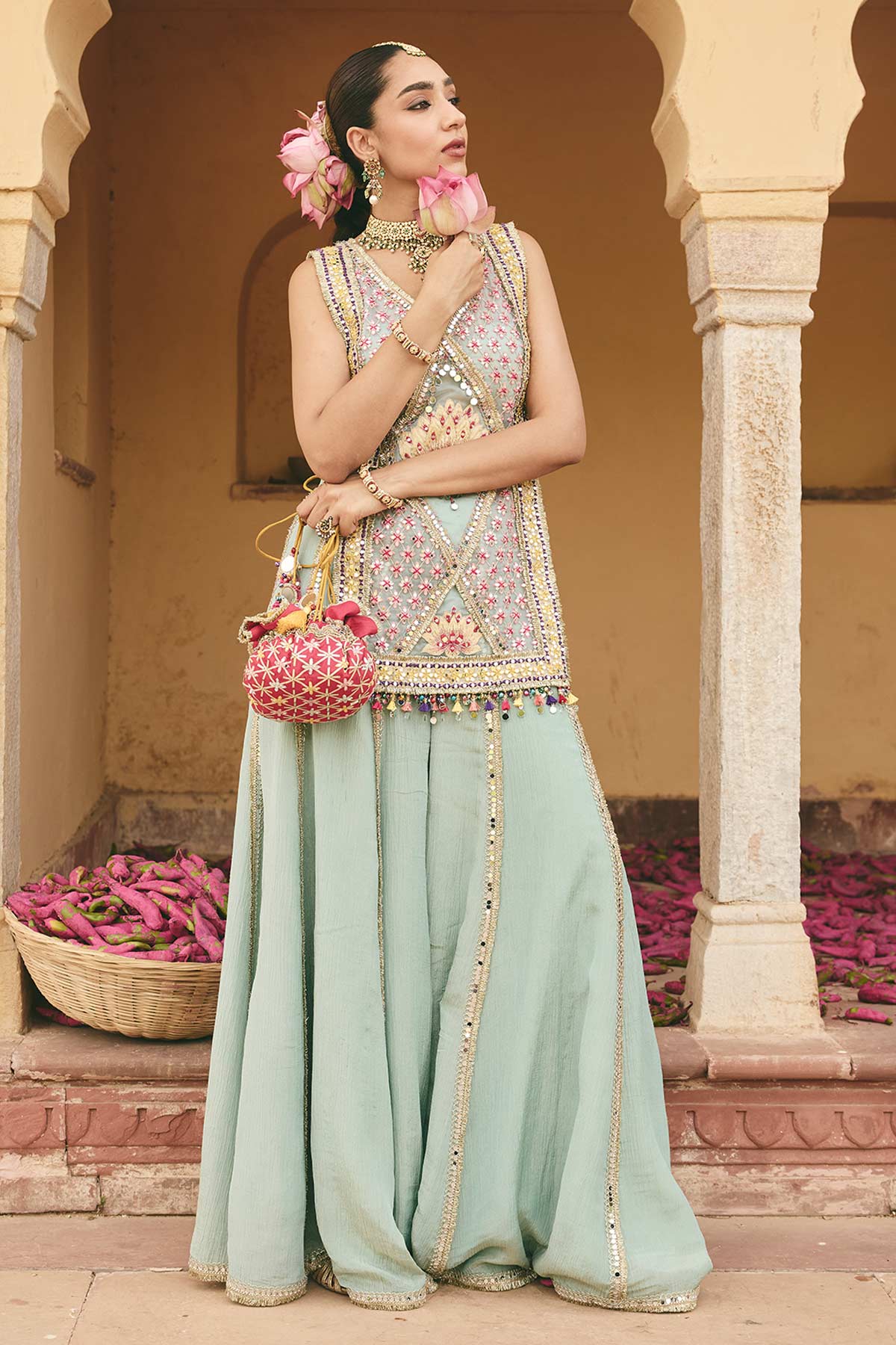 Buy Sea Green Mirror Zari Kurta Set for women by Ajiesh Oberoi online available at scrollnshops