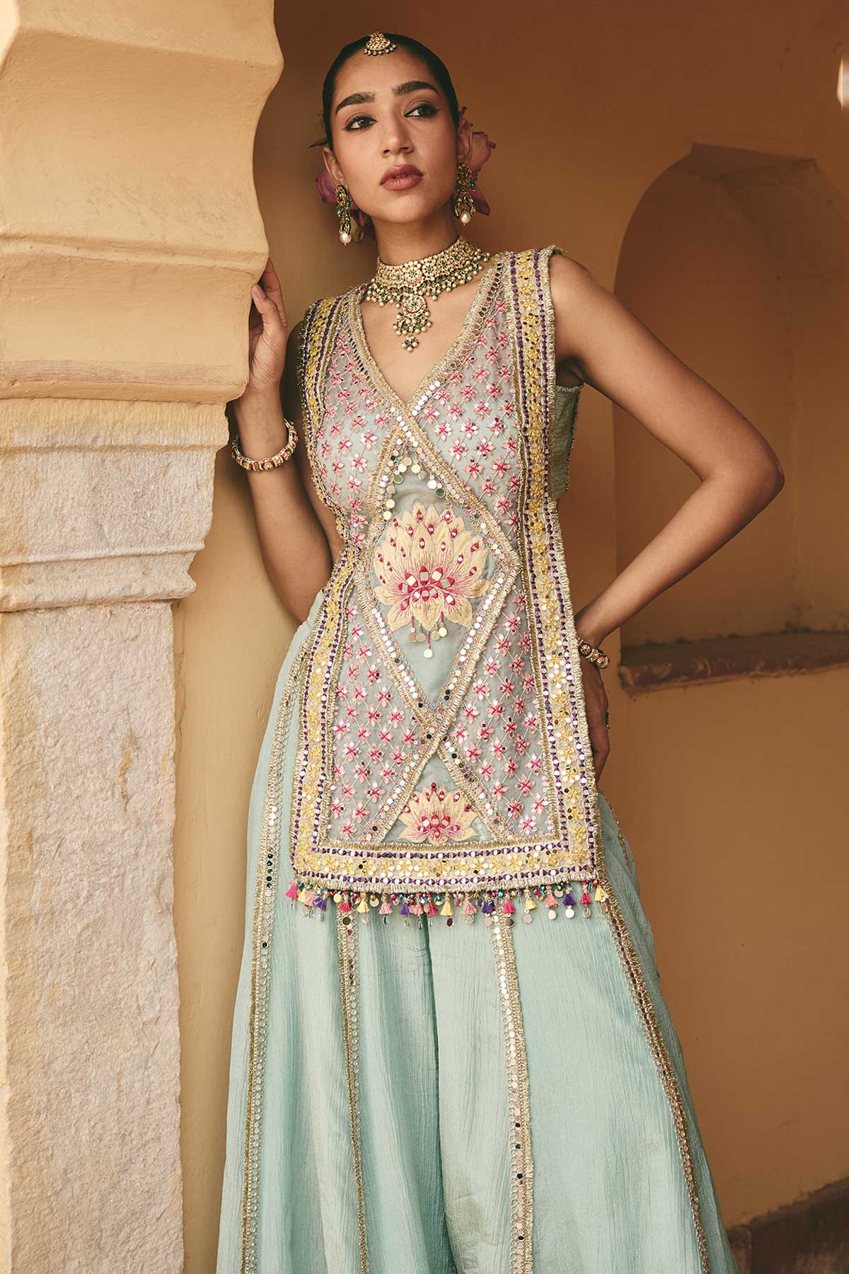 Sea Green Mirror Zari Kurta Set