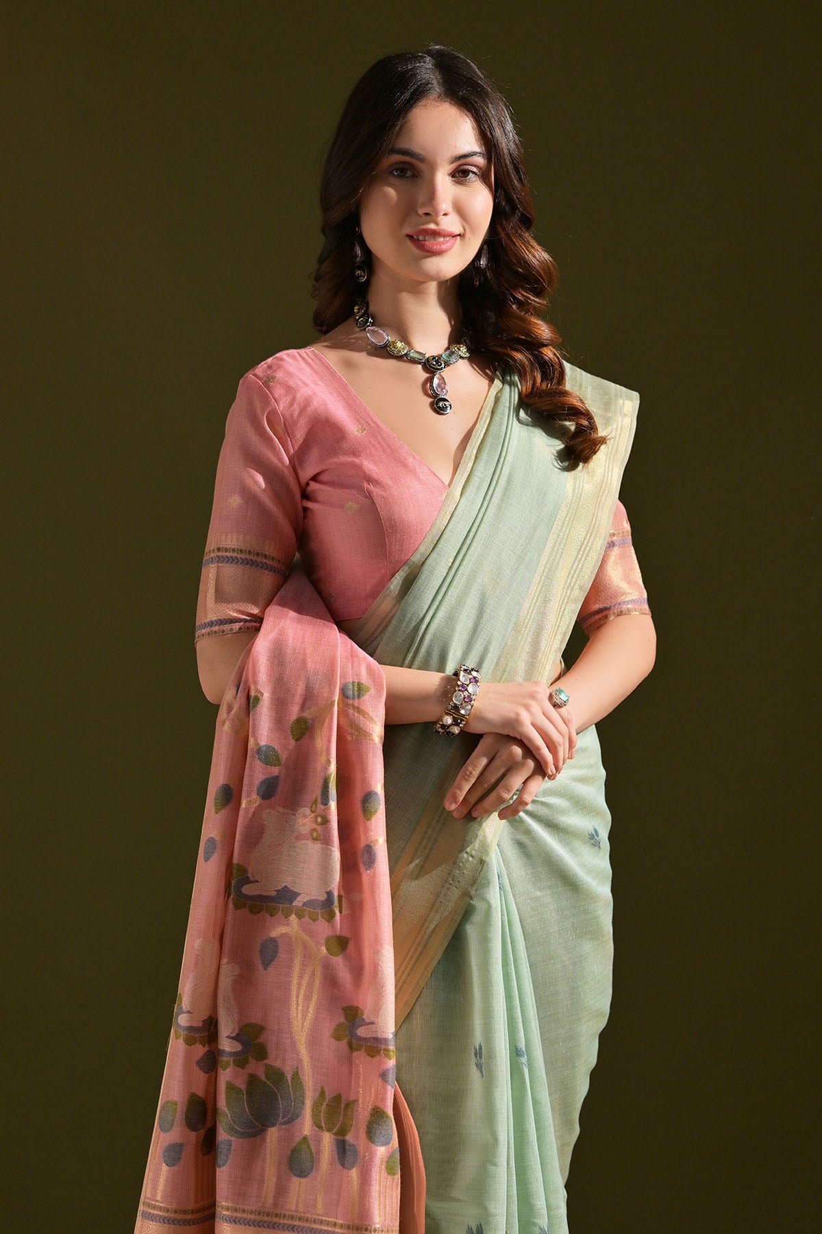 Sea Green Muga Cotton Saree