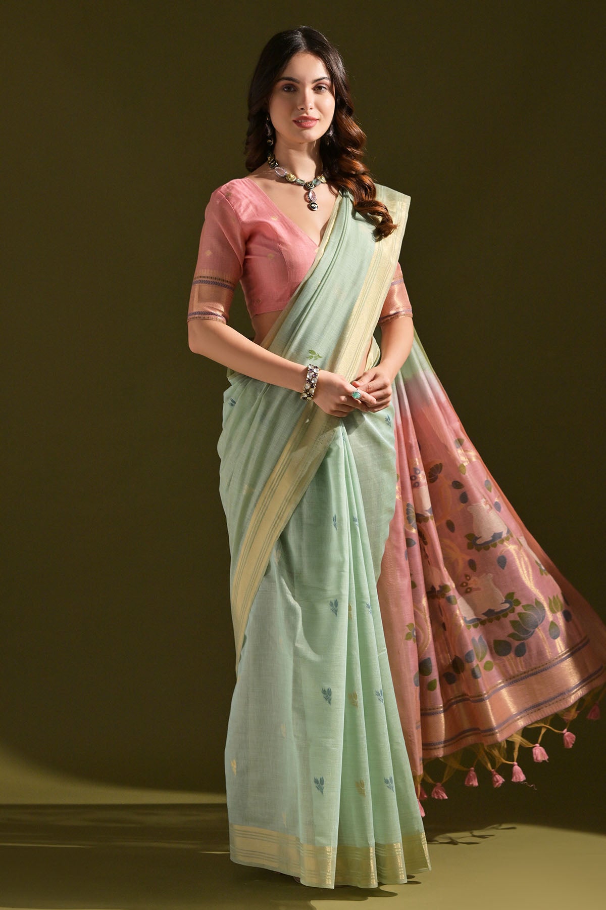 Sea Green Muga Cotton Saree