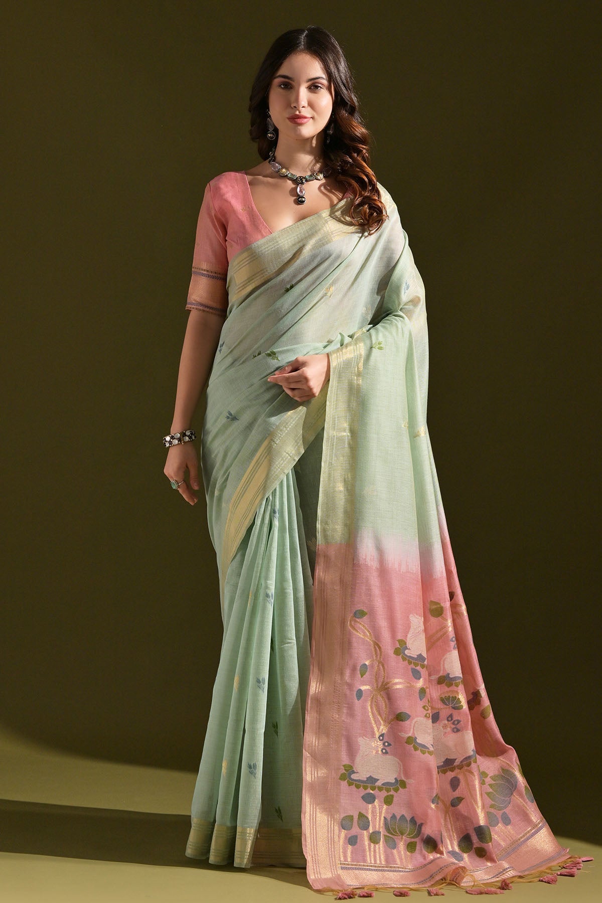 Buy Sea Green Muga Cotton Saree by Lili Lala for women online at ScrollnShops