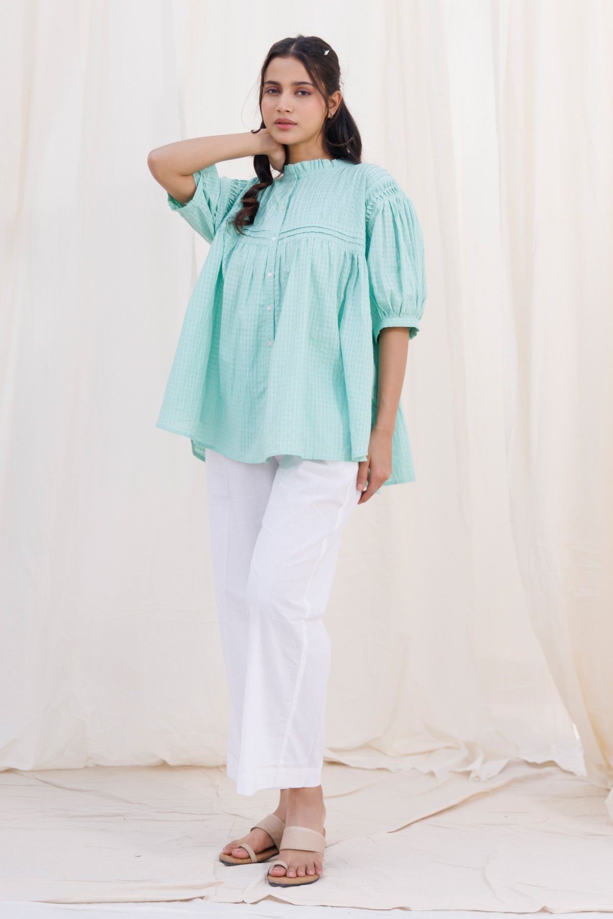 Buy Sea Green Pintuck Flared Top by Label Surabhi Raj for women online at ScrollnShops