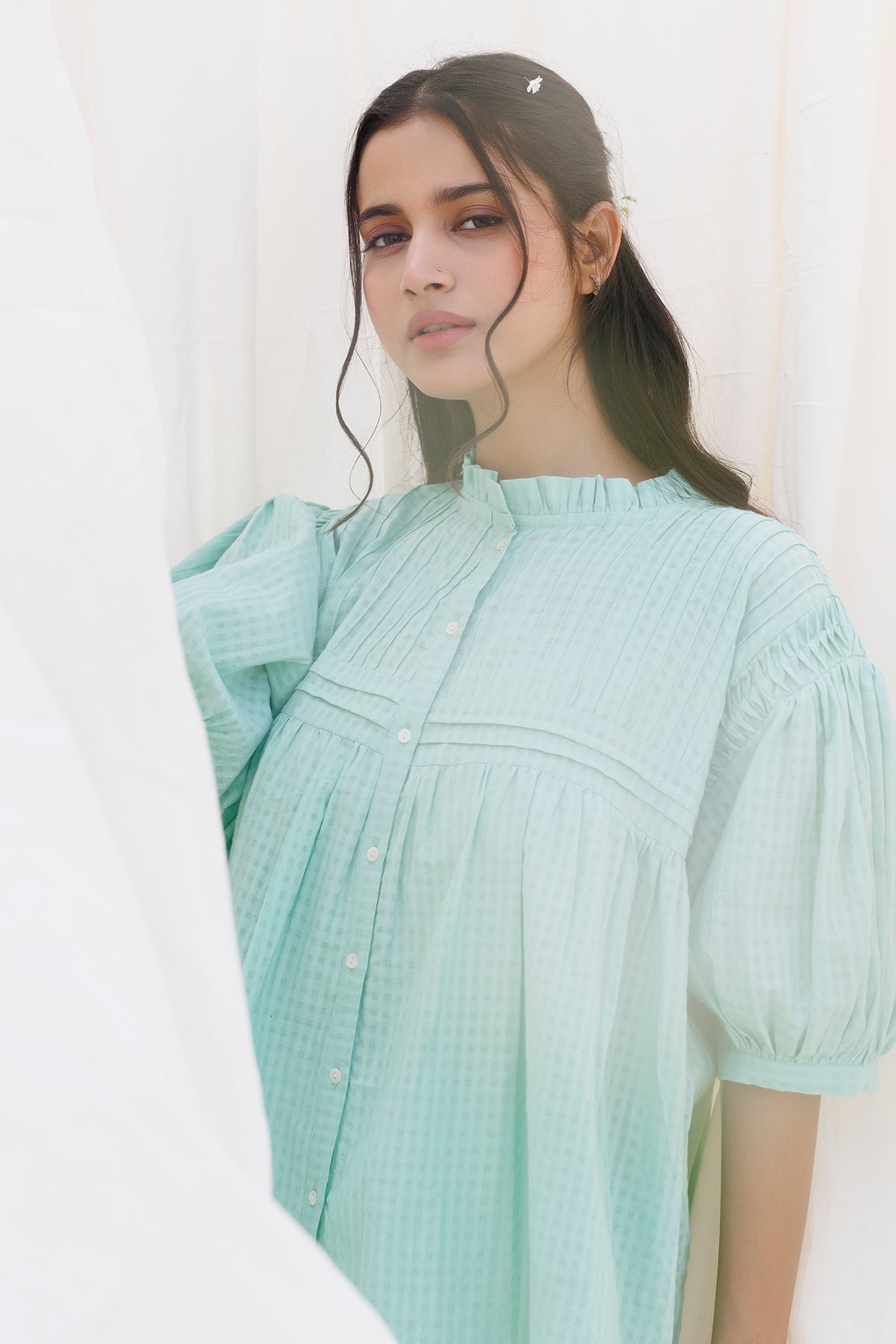 Sea Green Pintuck Flared Top