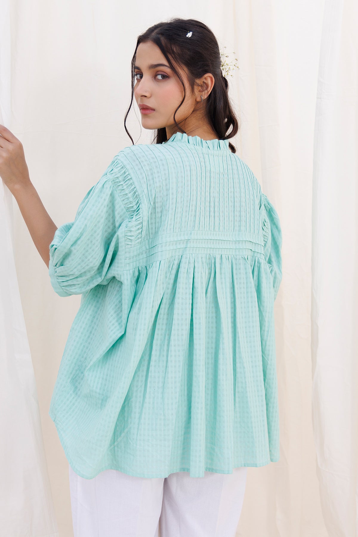 Sea Green Pintuck Flared Top