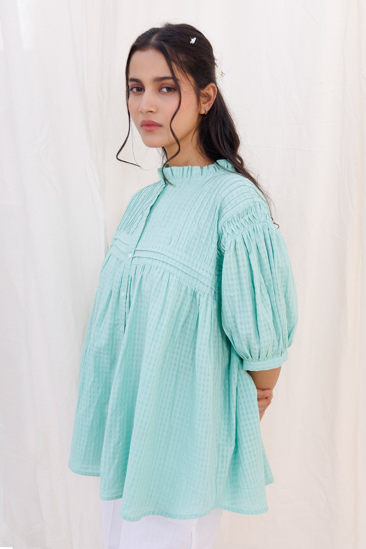 Sea Green Pintuck Flared Top