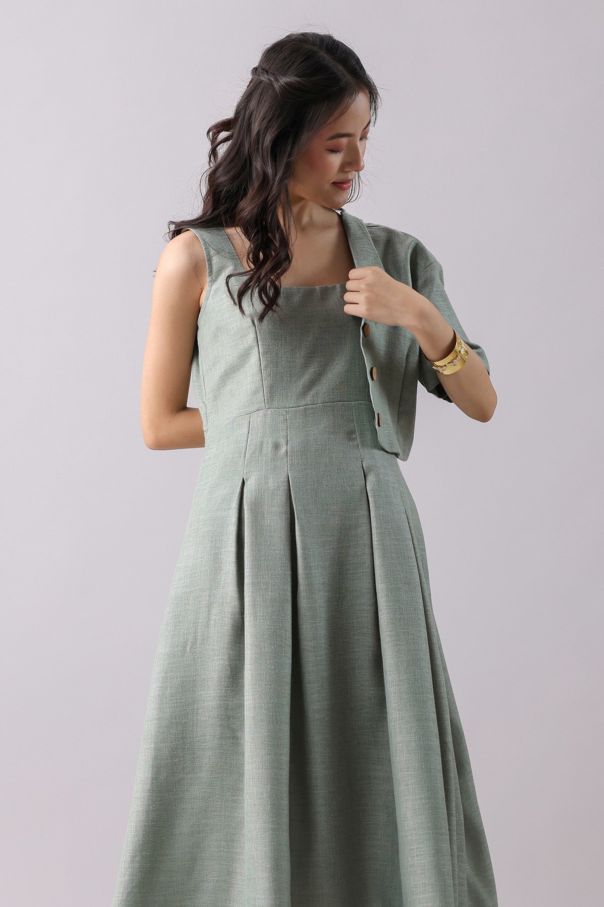 Sea Green Pleated Dress & Shirt