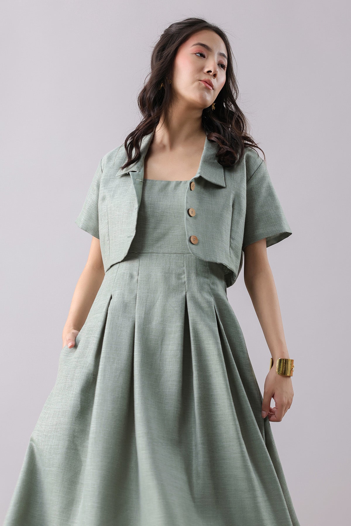 Sea Green Pleated Dress & Shirt