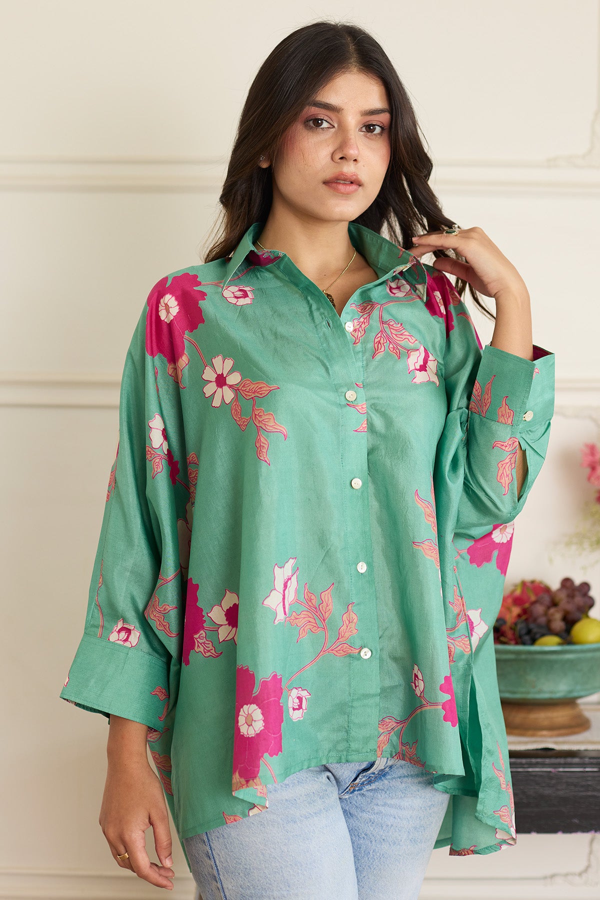 Sea Green Print Oversize Shirt