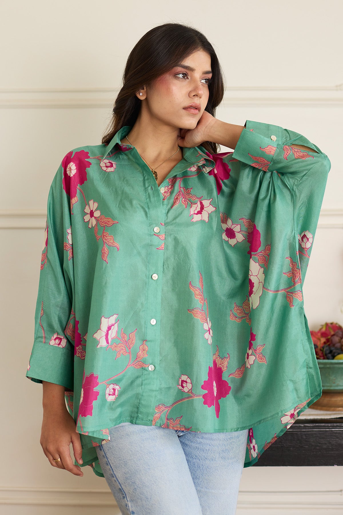 Sea Green Print Oversize Shirt