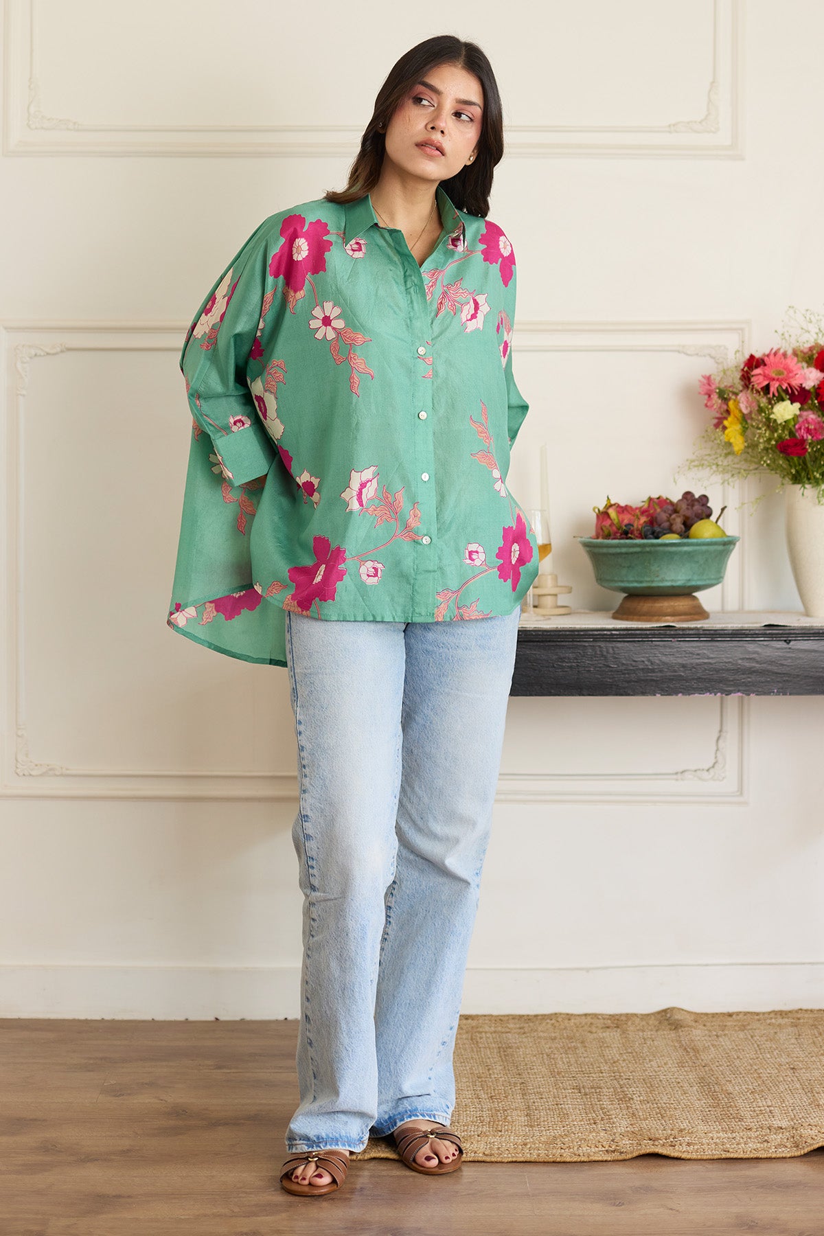 Sea Green Print Oversize Shirt