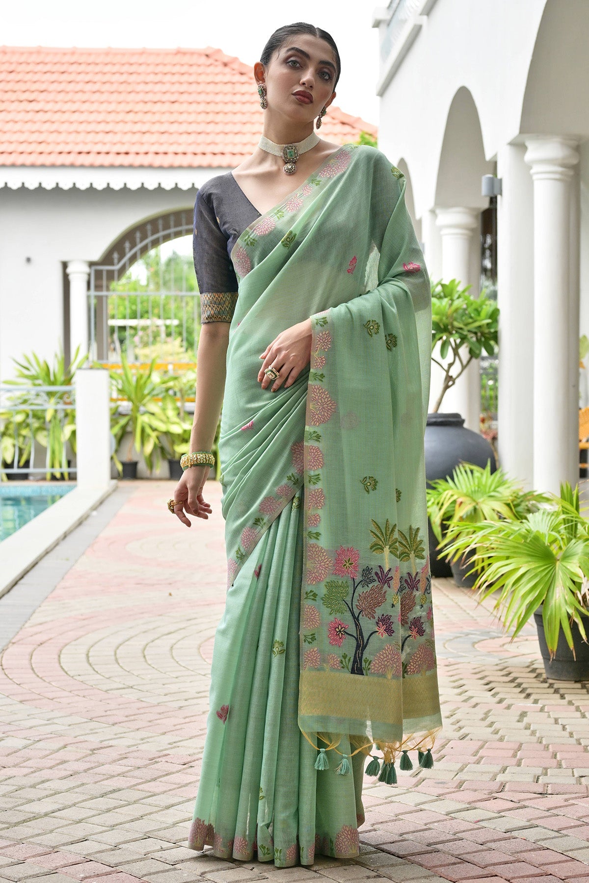 Buy Sea Green Thread Woven Saree for women by Lili Lala Designer online available at scrollnshops