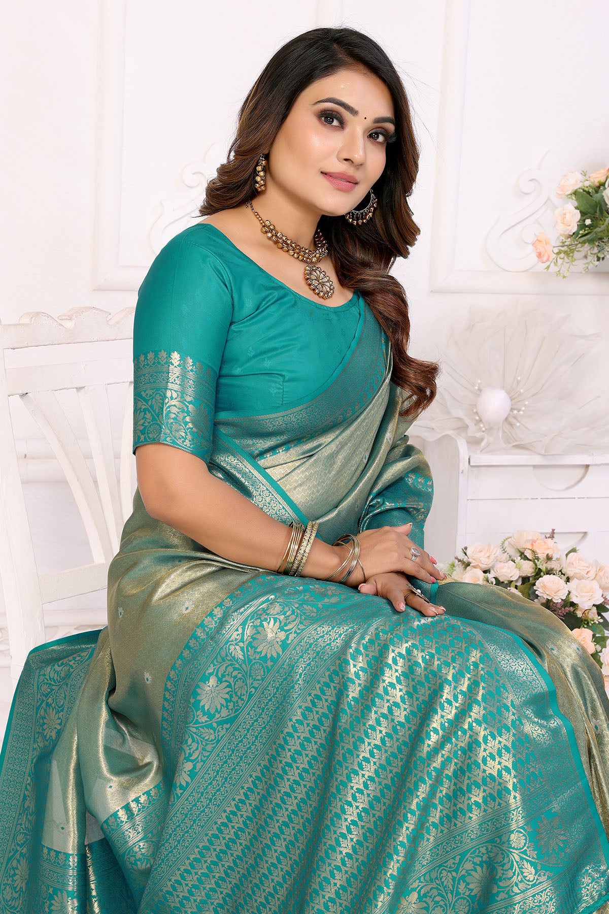 Sea Green Tissue Weaving Saree