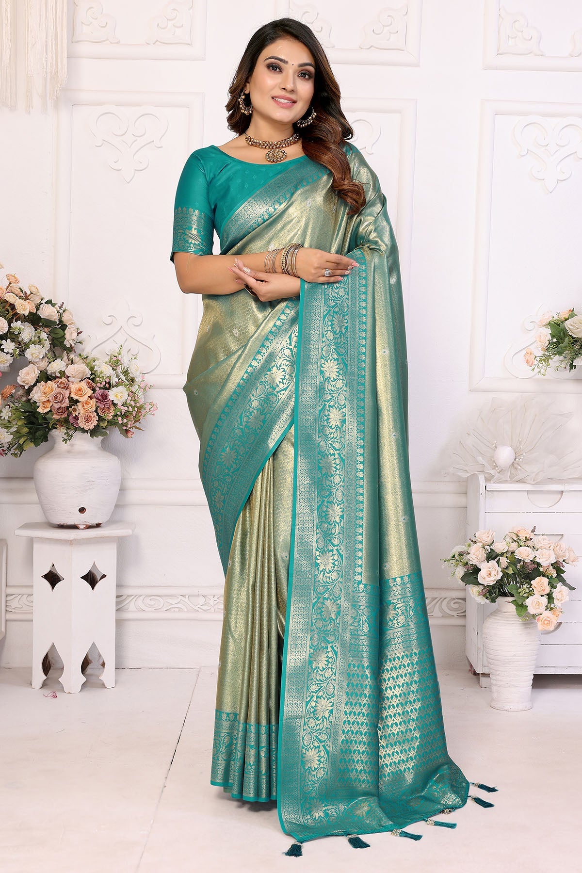 Buy Sea Green Tissue Weaving Saree for women by Aastha Fashion online available at scrollnshops