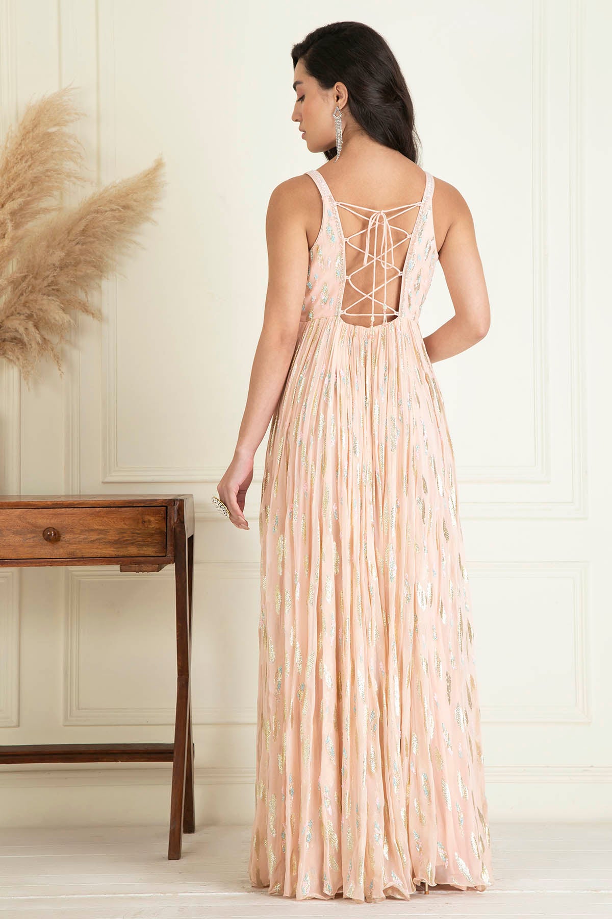 Sequins Pastel Peach Anarkali Set