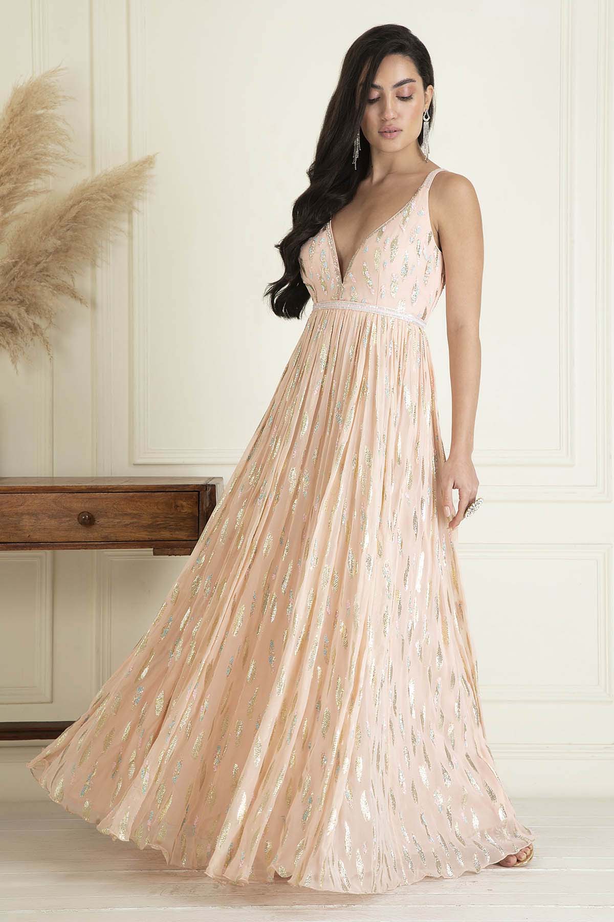 Sequins Pastel Peach Anarkali Set