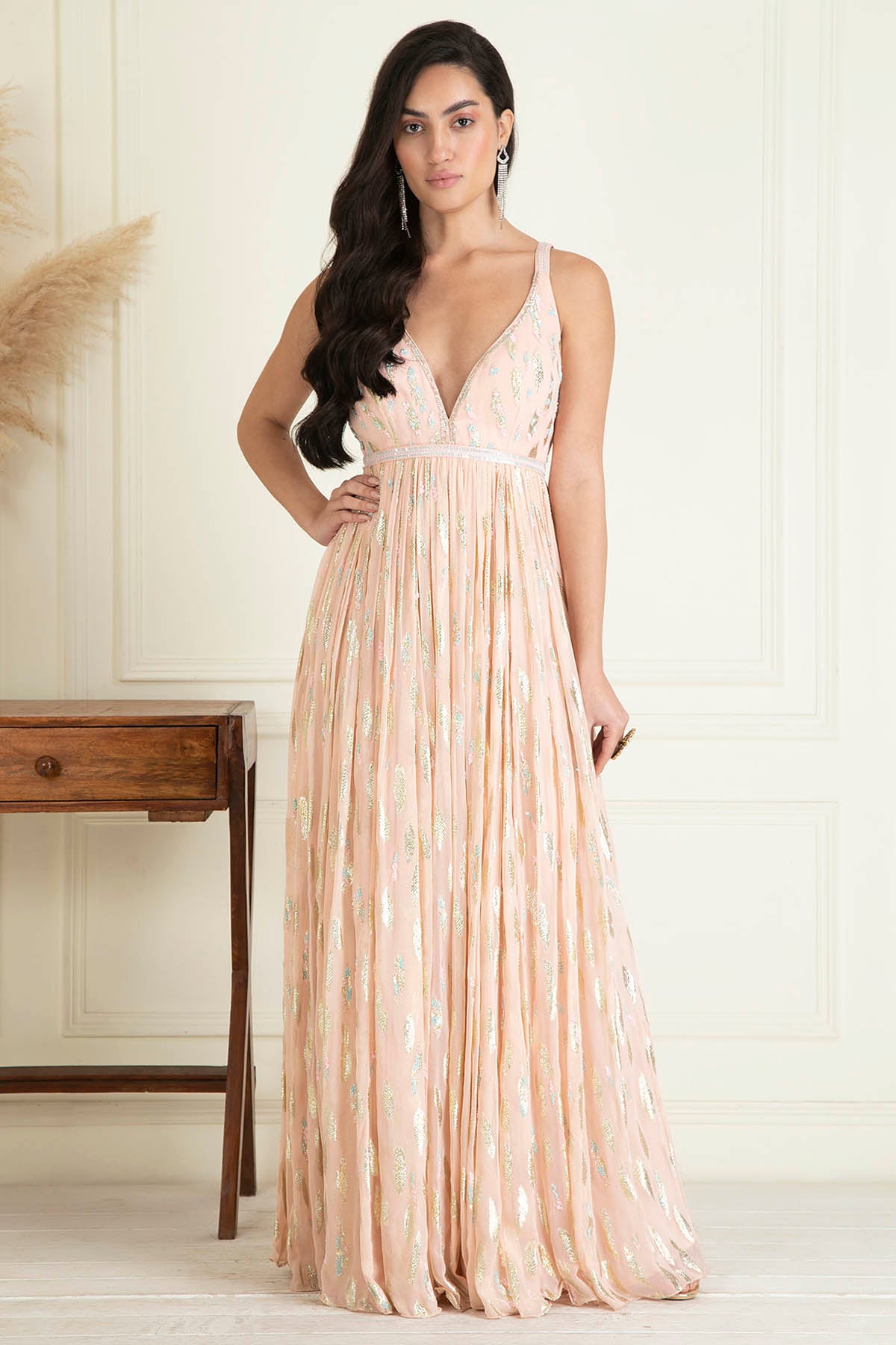 Sequins Pastel Peach Anarkali Set