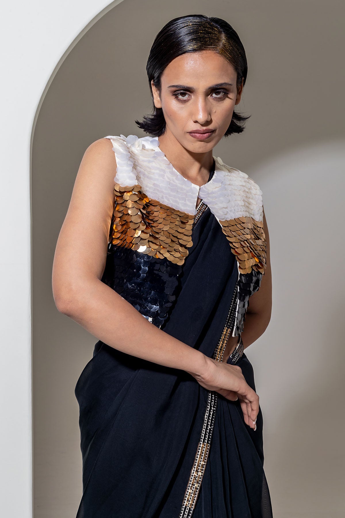 Designer Kusmi Moonlight Mosaic: Black & Ivory Embroidered Sequin Jacket For Women at ScrollnShops