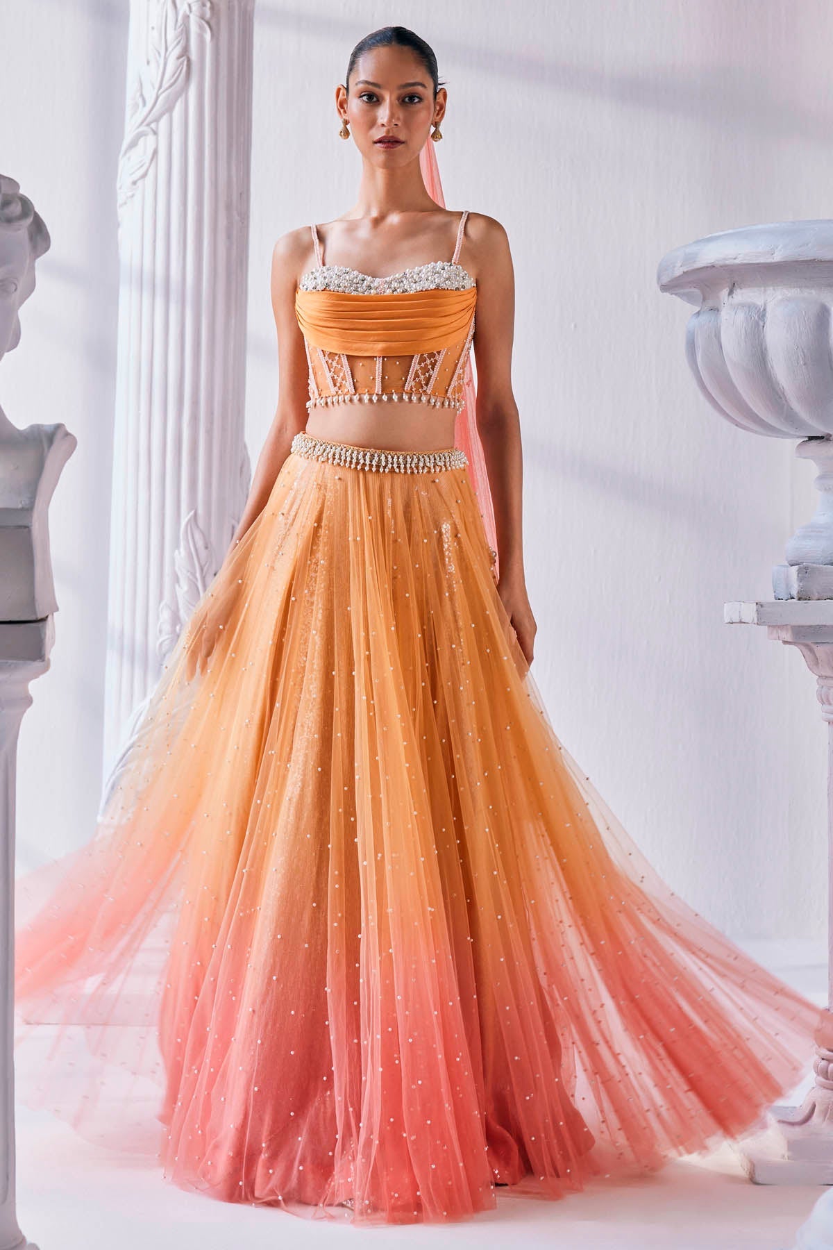 Buy Sequins & Pearl Ombre Lehenga Set by Mandira Wirk