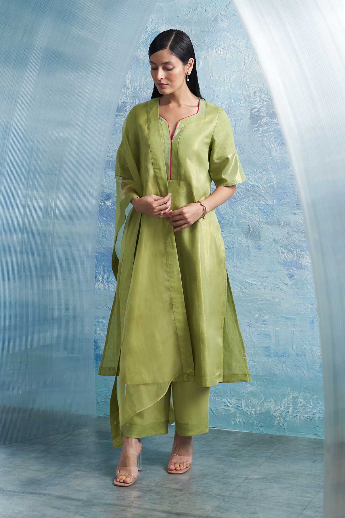 Buy Sheen Green A-Line Kurta Set by Charkhee for women online at ScrollnShops