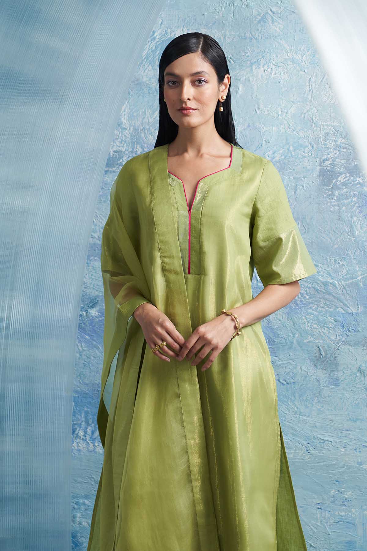 Sheen Green A-Line Kurta Set