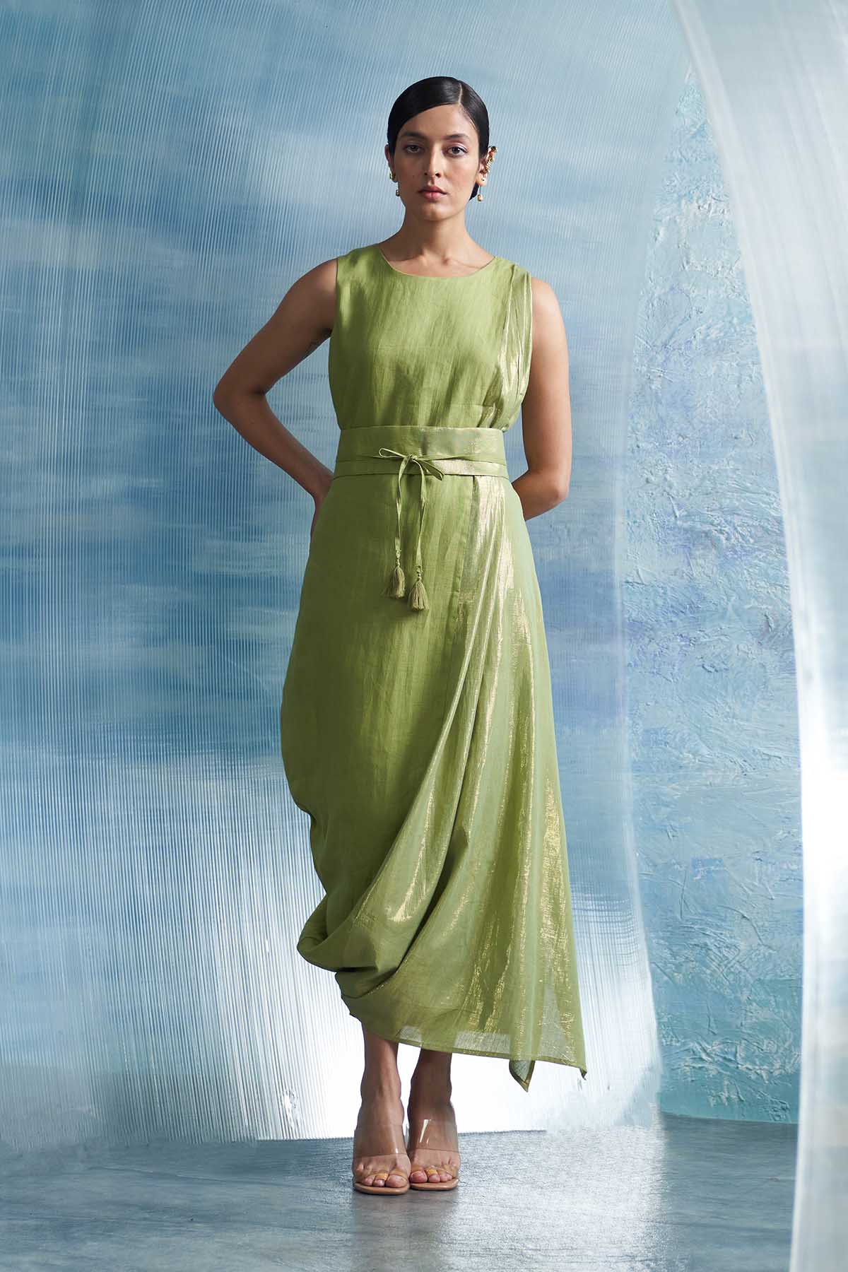 Buy Sheen Green Drape Dress & Belt by Charkhee for women online at ScrollnShops