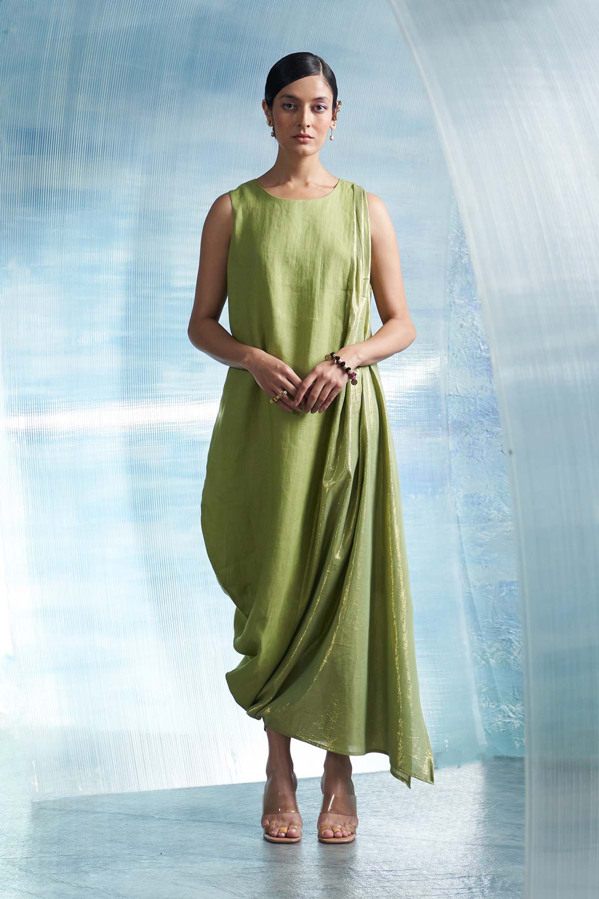 Sheen Green Drape Dress & Belt