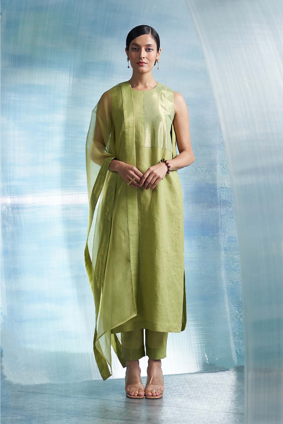 Buy Sheen Green Sleeveless Kurta Set Online