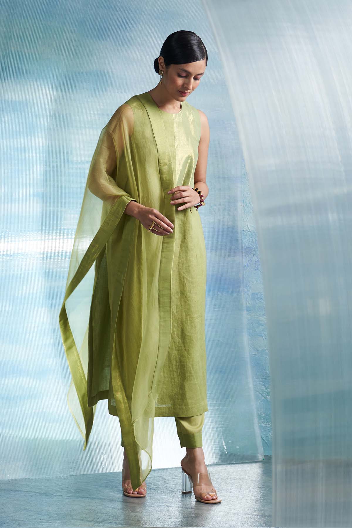 Sheen Green Sleeveless Kurta Set