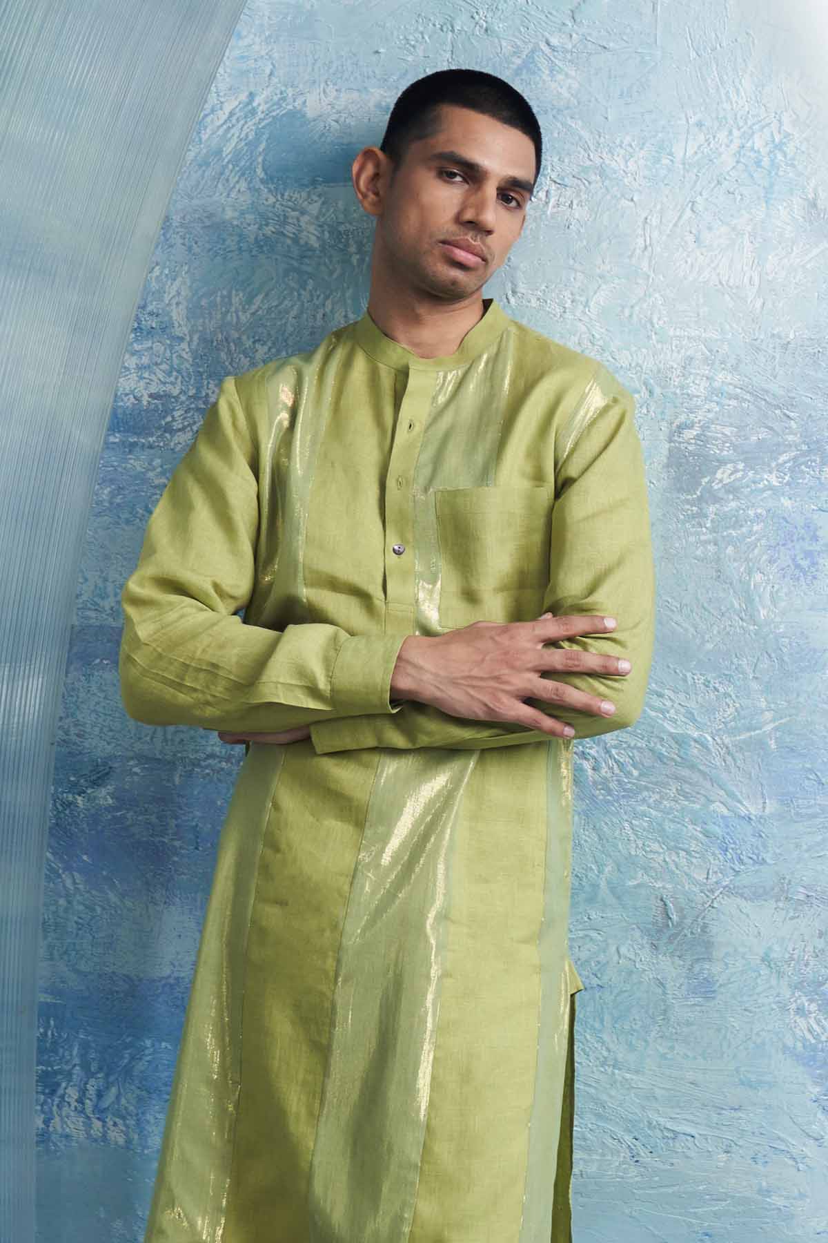 Sheen Green Stripes Kurta Set