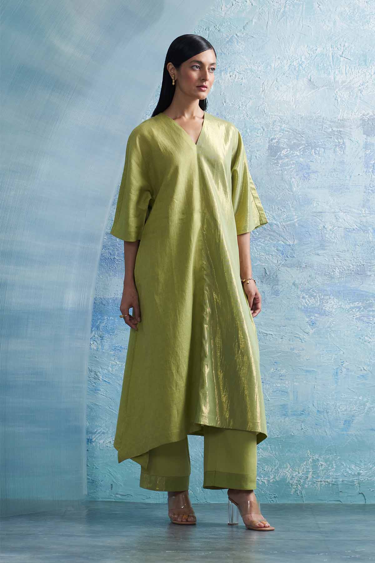 Sheen Green V-Neck Kurta Set