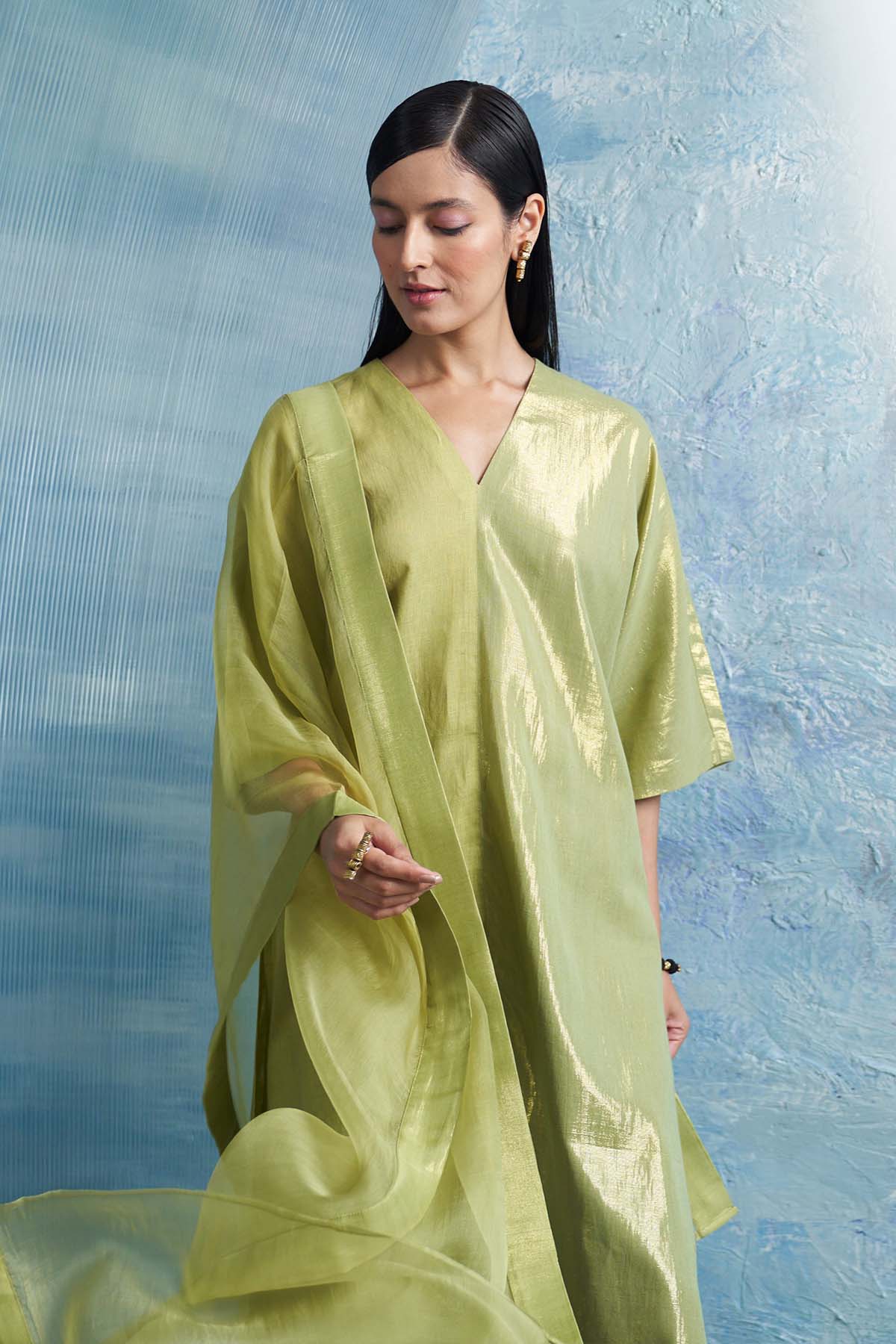 Sheen Green V-Neck Kurta Set