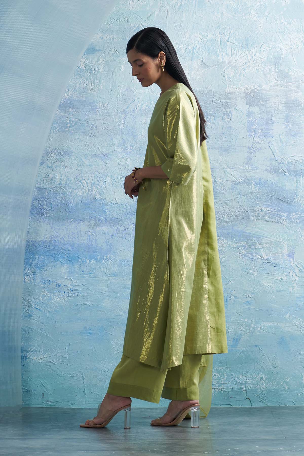 Sheen Green V-Neck Kurta Set
