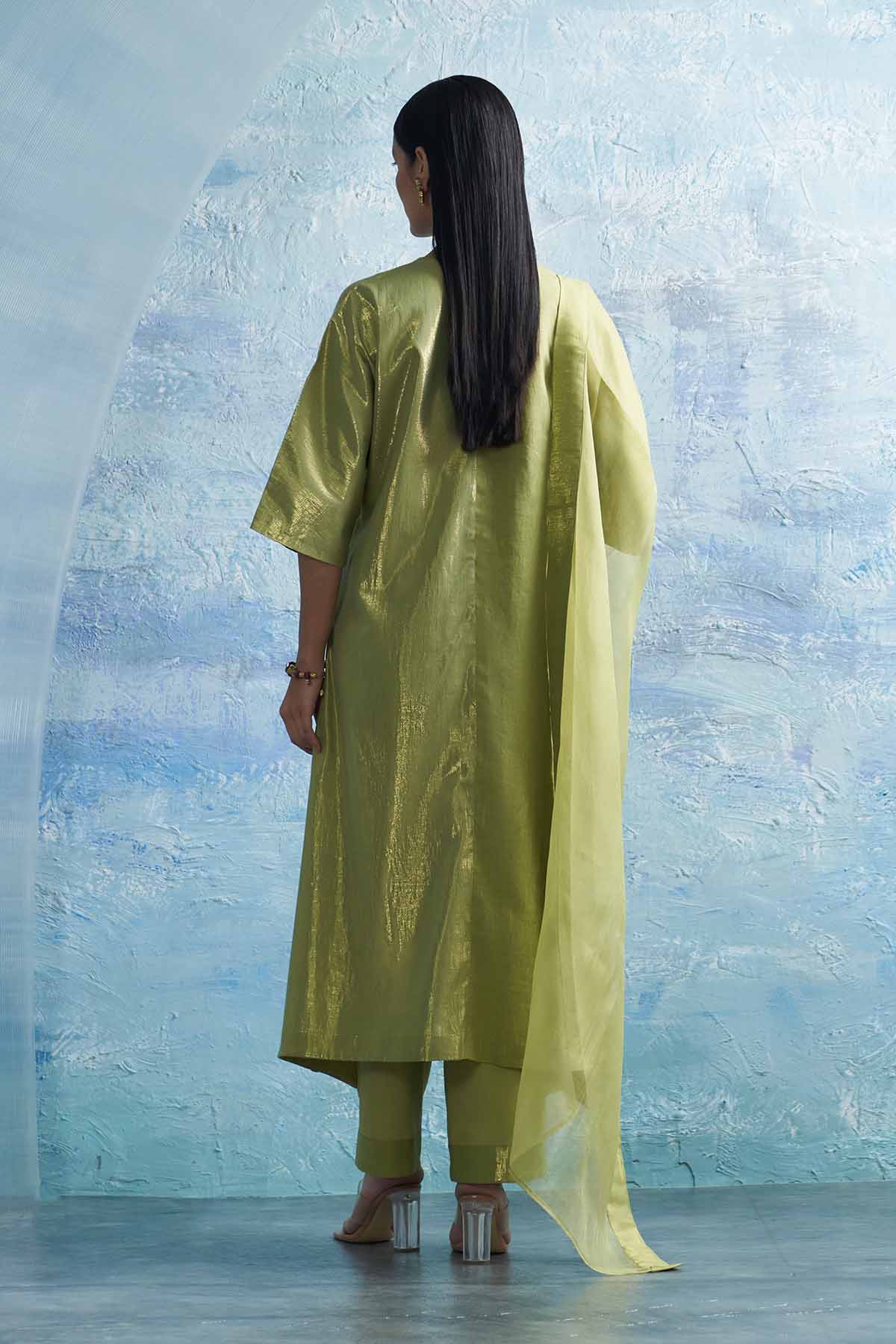Sheen Green V-Neck Kurta Set