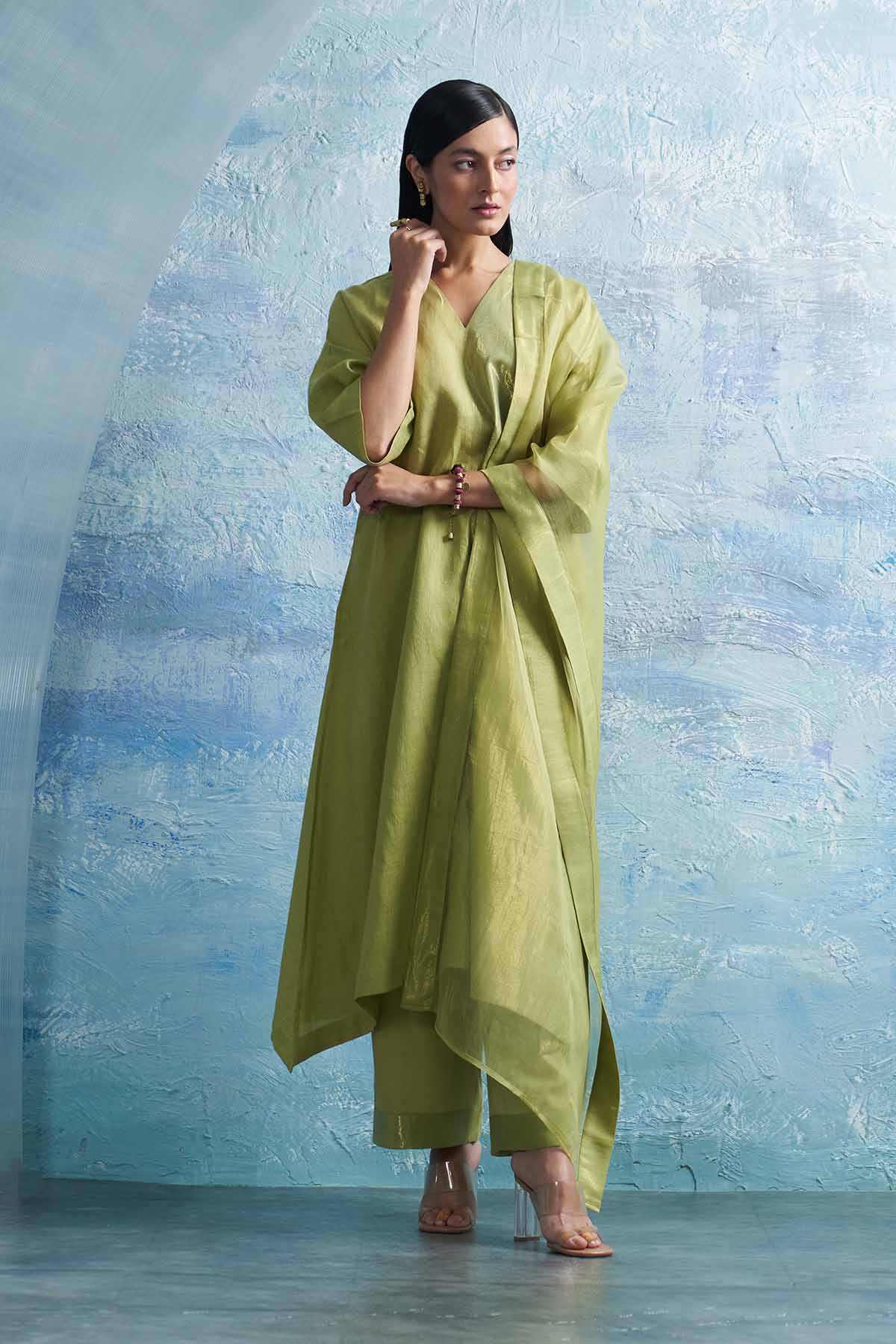 Buy Sheen Green V-Neck Kurta Set by Charkhee for women online at ScrollnShops