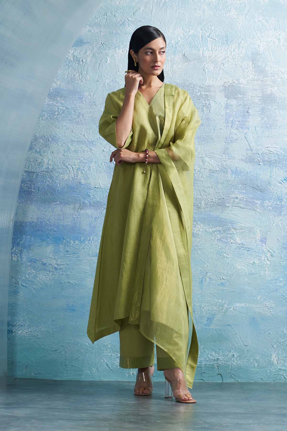 Buy Sheen Green V-Neck Kurta Set Online