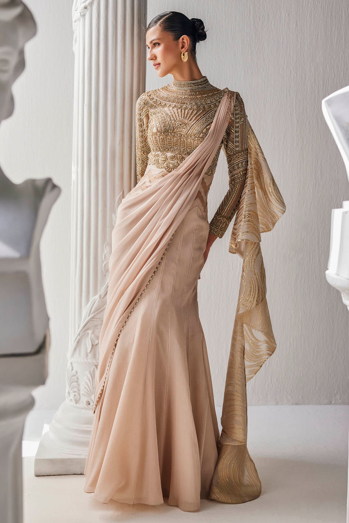 Buy Shimmer Chiffon Drape Saree by Mandira Wirk
