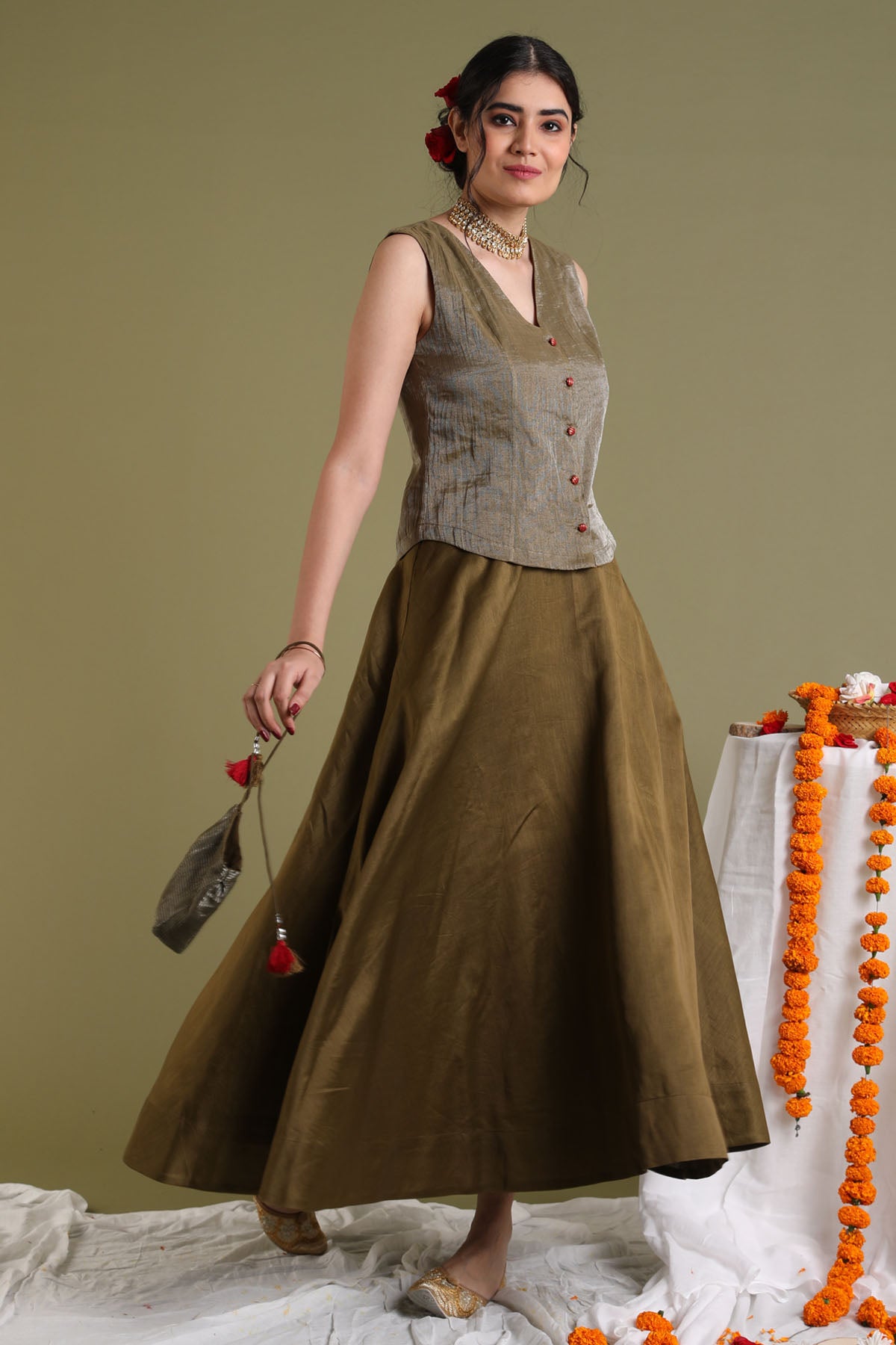 Shimmering Chanderi Top & Skirt