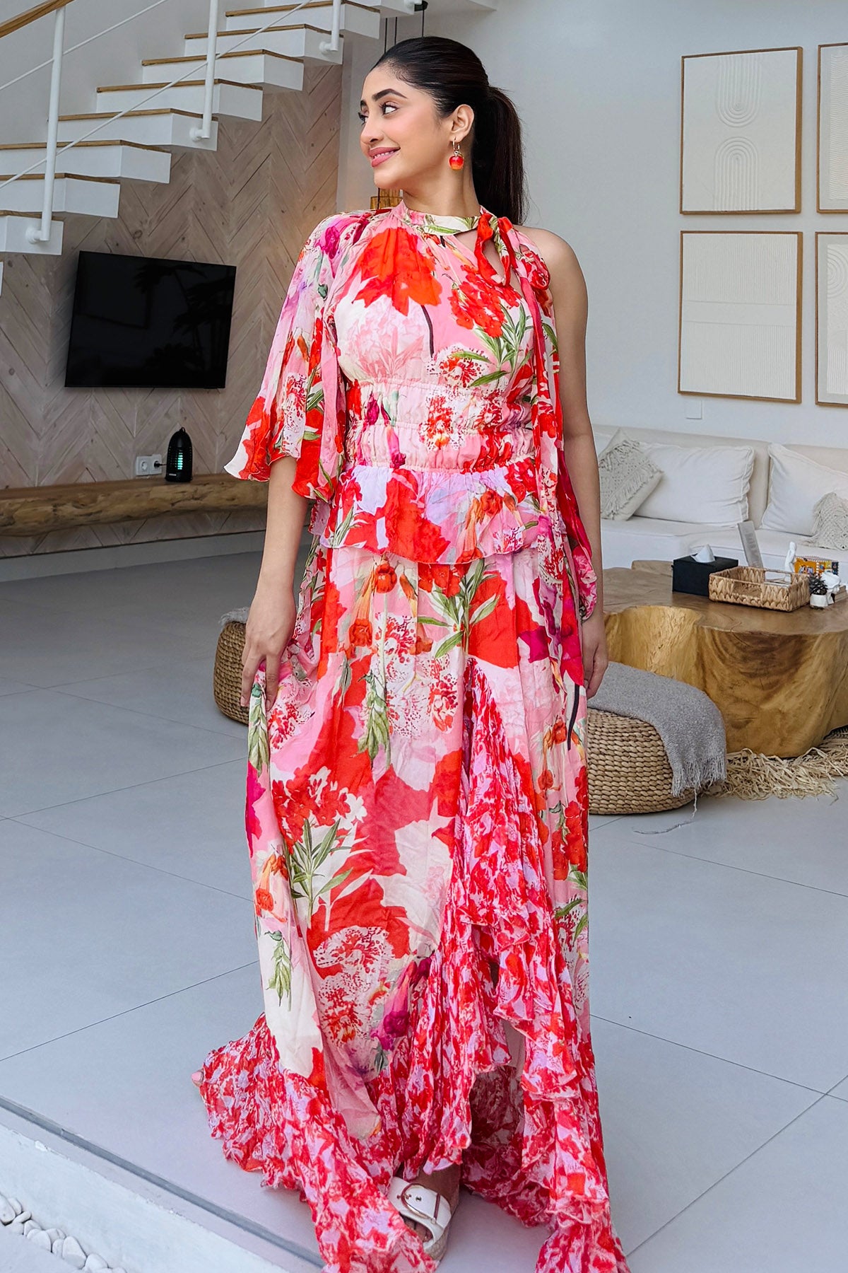 Waterfall Frill Printed Dress