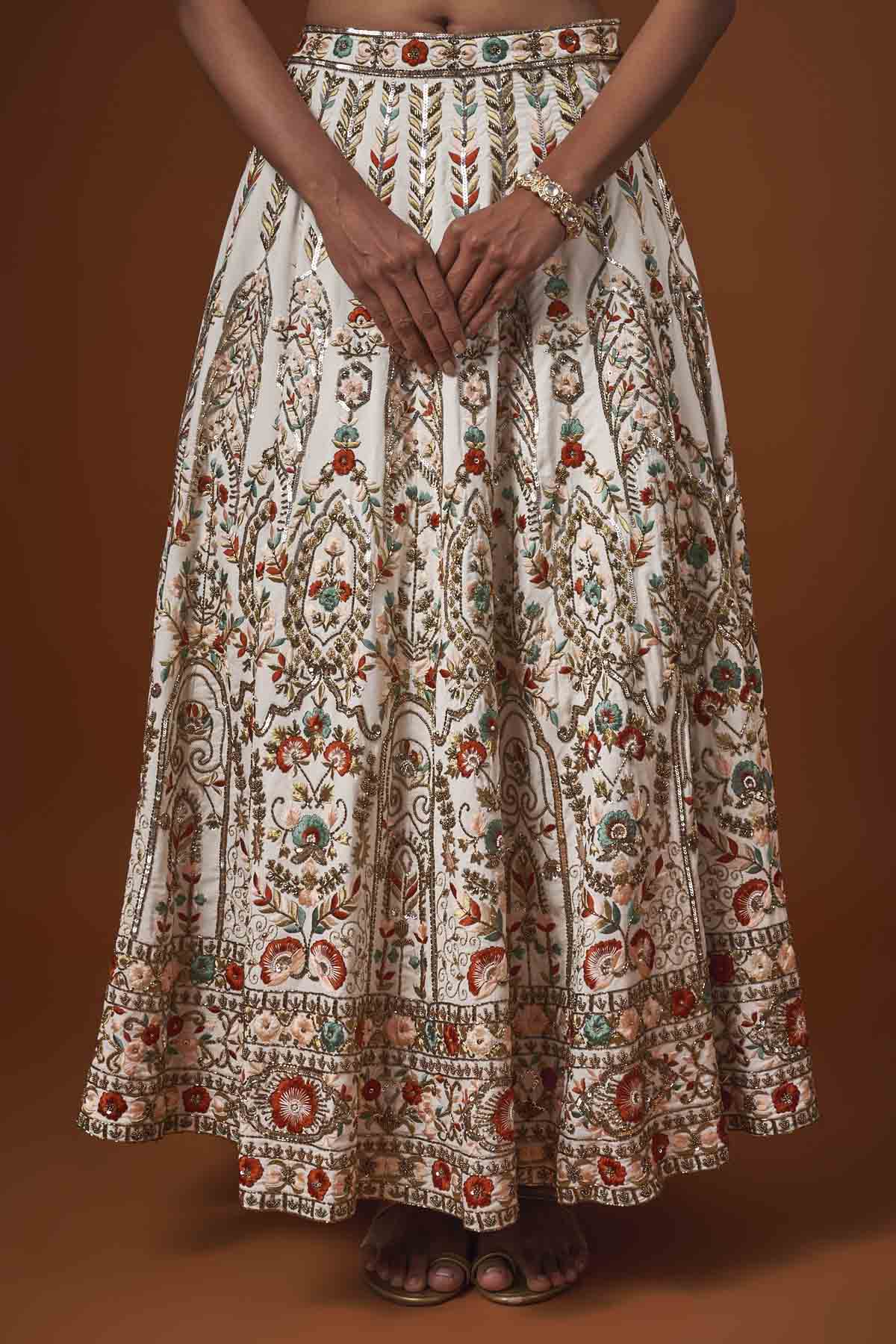 Ivory Raw Silk Embroidered Lehenga Set