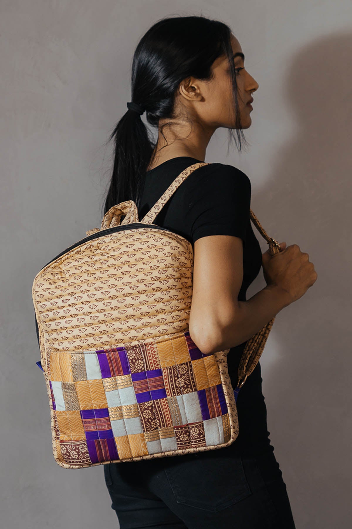 Beige Silk Backpack Bag