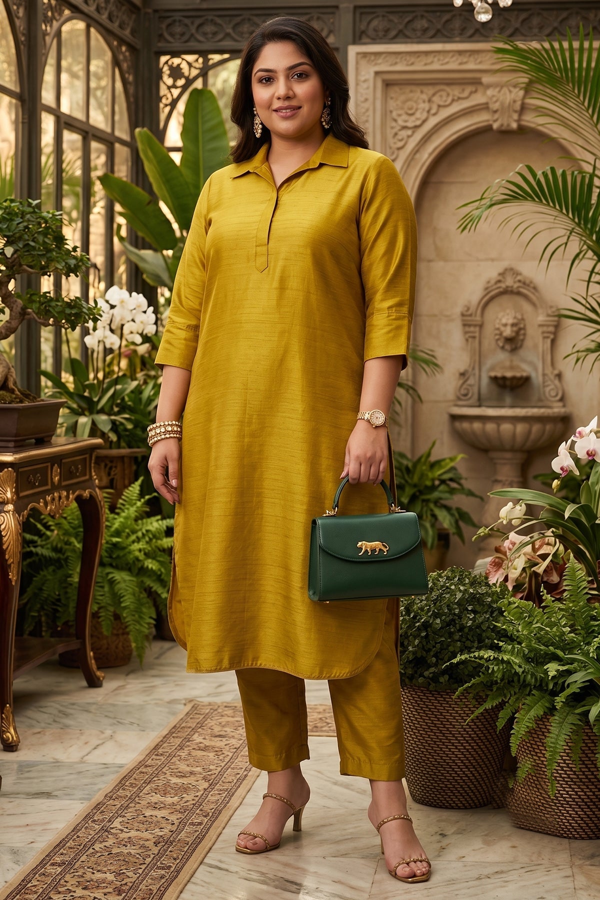 Buy Silk Collar Green Kurta & Pants for women by Sneha B online available at scrollnshops