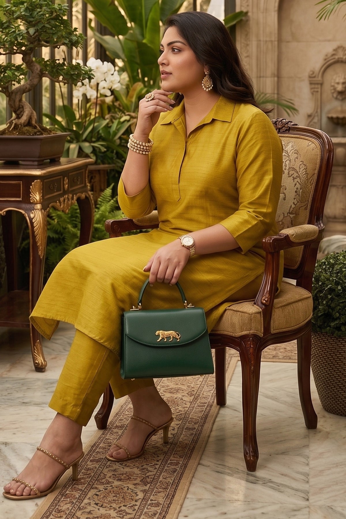 Silk Collar Green Kurta & Pants