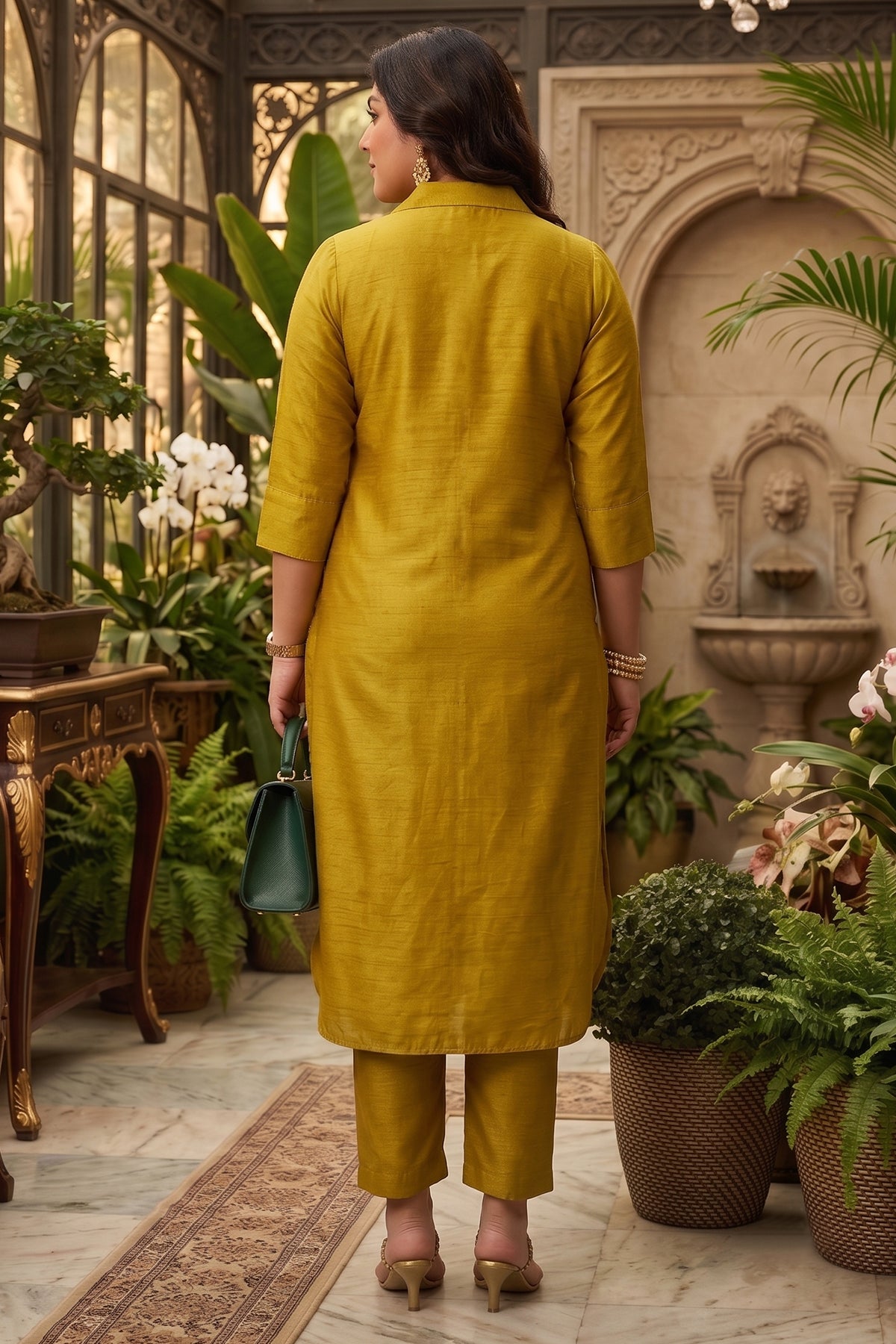 Silk Collar Green Kurta & Pants