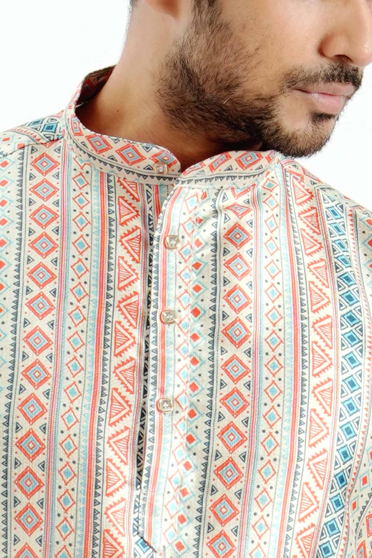 Silk Cream Printed Detail Kurta