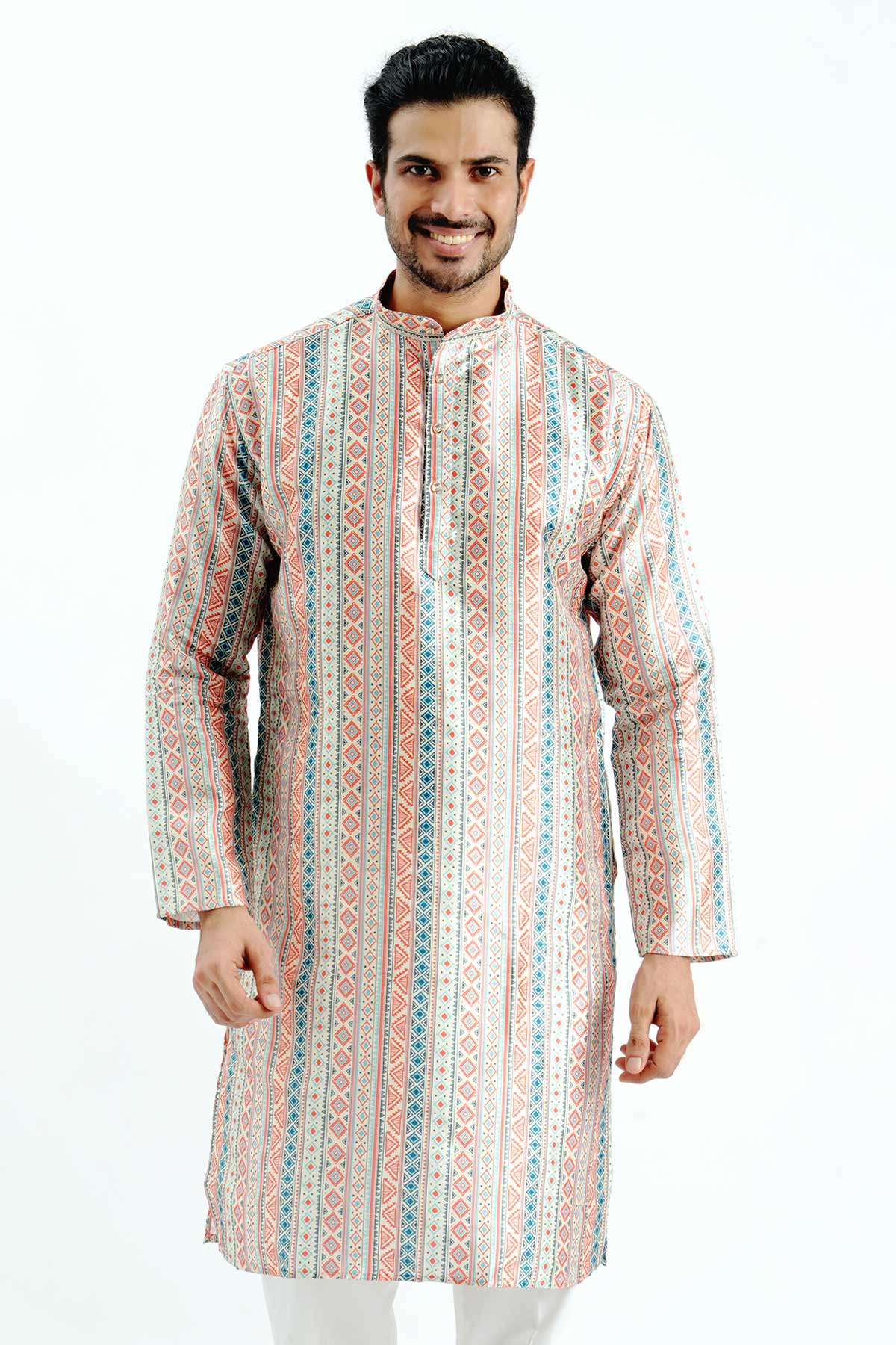 Buy Silk Cream Printed Detail Kurta for men by Aastha Fashion online available at scrollnshops